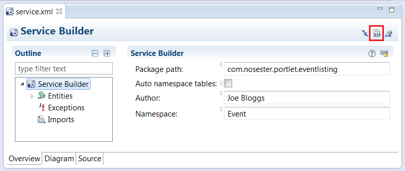 Figure 4.4: The Overview mode in the editor provides a nested outline which you can expand, a form for editing basic Service Builder attributes, and buttons for building services or building web service deployment descriptors.