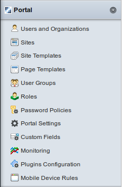 Figure 15.1: The Portal Section of the control panel allows portal administrators to manage users, organizations, sites, teams, site templates, page templates, and roles, as well as various portal settings.