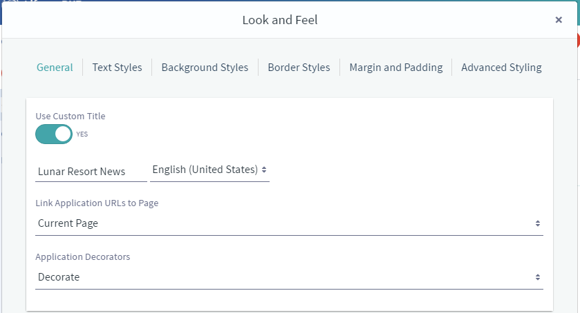 Figure 2: The General tab of the Look and Feel Configuration menu allows you to define a custom app title, link app URLs to a specific page, and select the app contrast option using decorators.