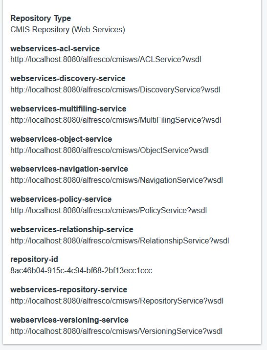 Figure 4: Heres an example of the web service URLs for an Alfresco repository.