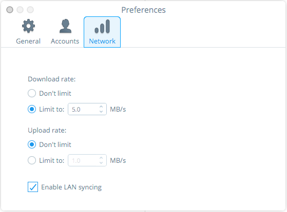 Figure 12: The Preferences menus Network tab contains settings for Syncs data transfer behavior.
