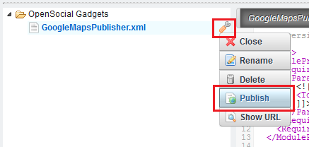 Figure 13.12: You can publish your OpenSocial gadgets directly from Liferays OpenSocial Gadget Editor.