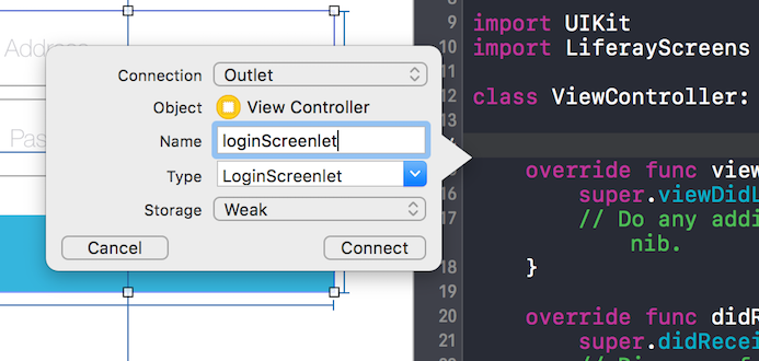 Figure 6: Create an outlet from Login Screenlet to the ViewController class.