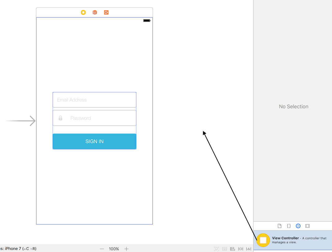 Figure 1: The arrow shows where to drag and drop the View Controller to create the new guestbooks scene.