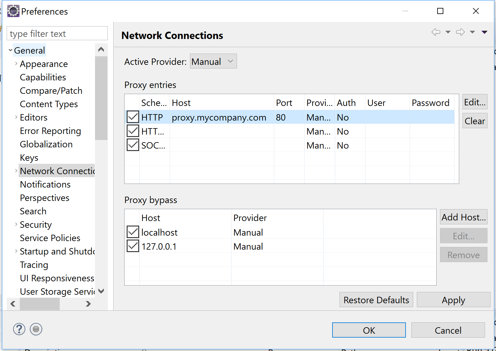 Figure 1: You can configure your proxy settings in Developer Studios Network Connections menu.