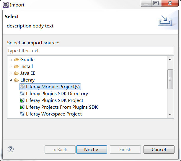 Figure 4: Select the Liferay Module Project(s) to import a module project.