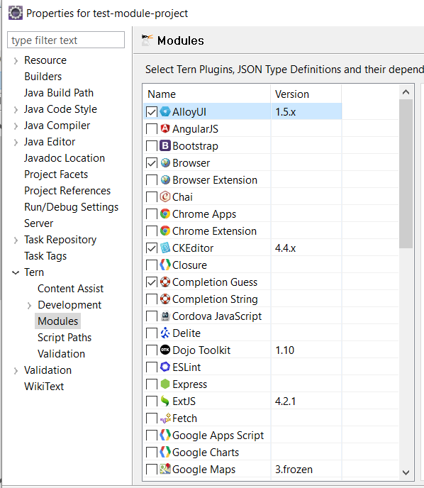 Figure 2: By selecting these Tern modules, you can use AlloyUI code assist features in your project.