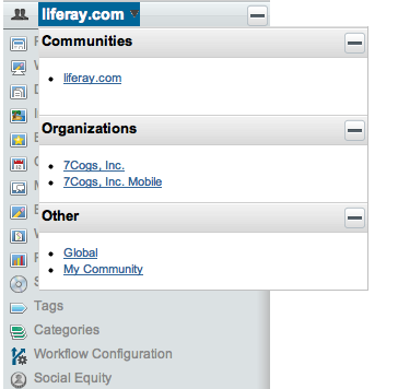 Figure 10.7: You can select which site to work on by using the drop-down menu
in the Content section of the control
panel.