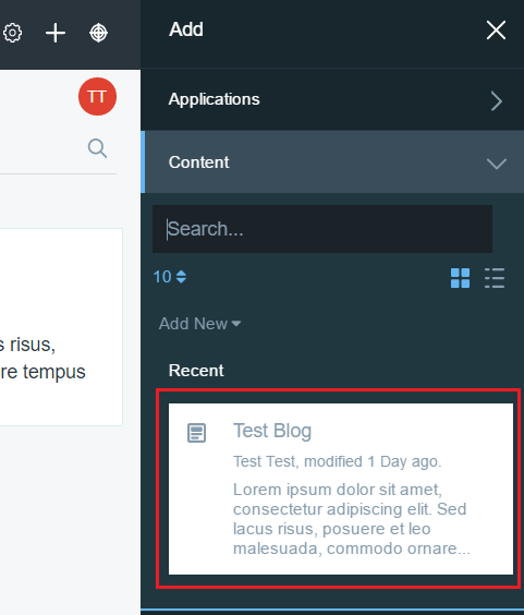 Figure 4: The preview template displays a preview of the asset in the Content section of the Add menu.