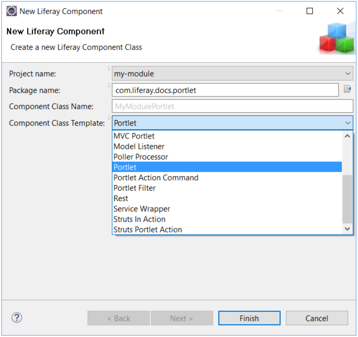 Figure 2: Liferay Dev Studio DXPs component wizard facilitates creating component classes.