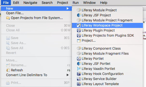 図1：* Liferay Workspace*を選択すると、Liferay DXPプロジェクト用の新しいワークスペースを作成するプロセスが開始されます。