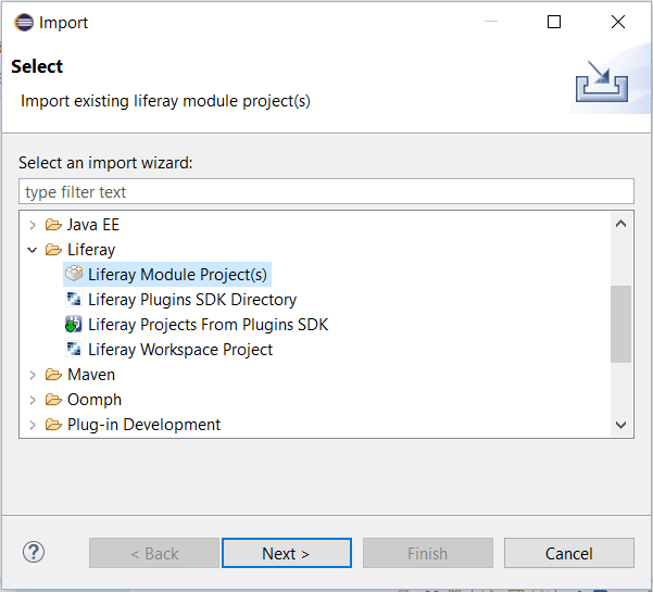 図4：Liferay Module Project(s) を選択して、モジュールプロジェクトをインポートします。
