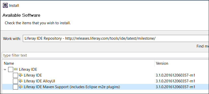 Figure 1: You can install all the necessary Maven plugins for Dev Studio by installing the Liferay IDE Maven Support option.