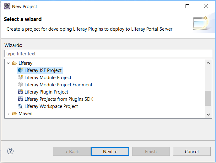 図1：* Liferay JSF Project *オプションを選択して、Dev StudioでJSFプロジェクトの作成を開始します。