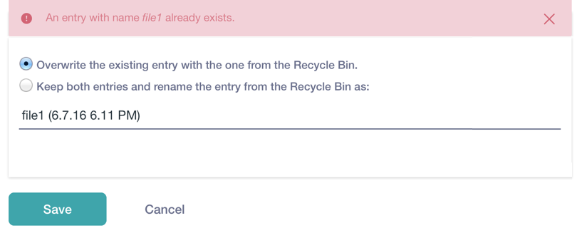 Figure 5: The Recycle Bin always scans your site/instance for duplicate file names during the restoration process.