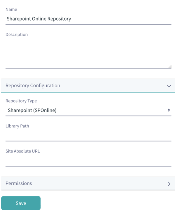Figure 1: The Repository Configuration form is where you specify access to the SharePoint Library you want to use.