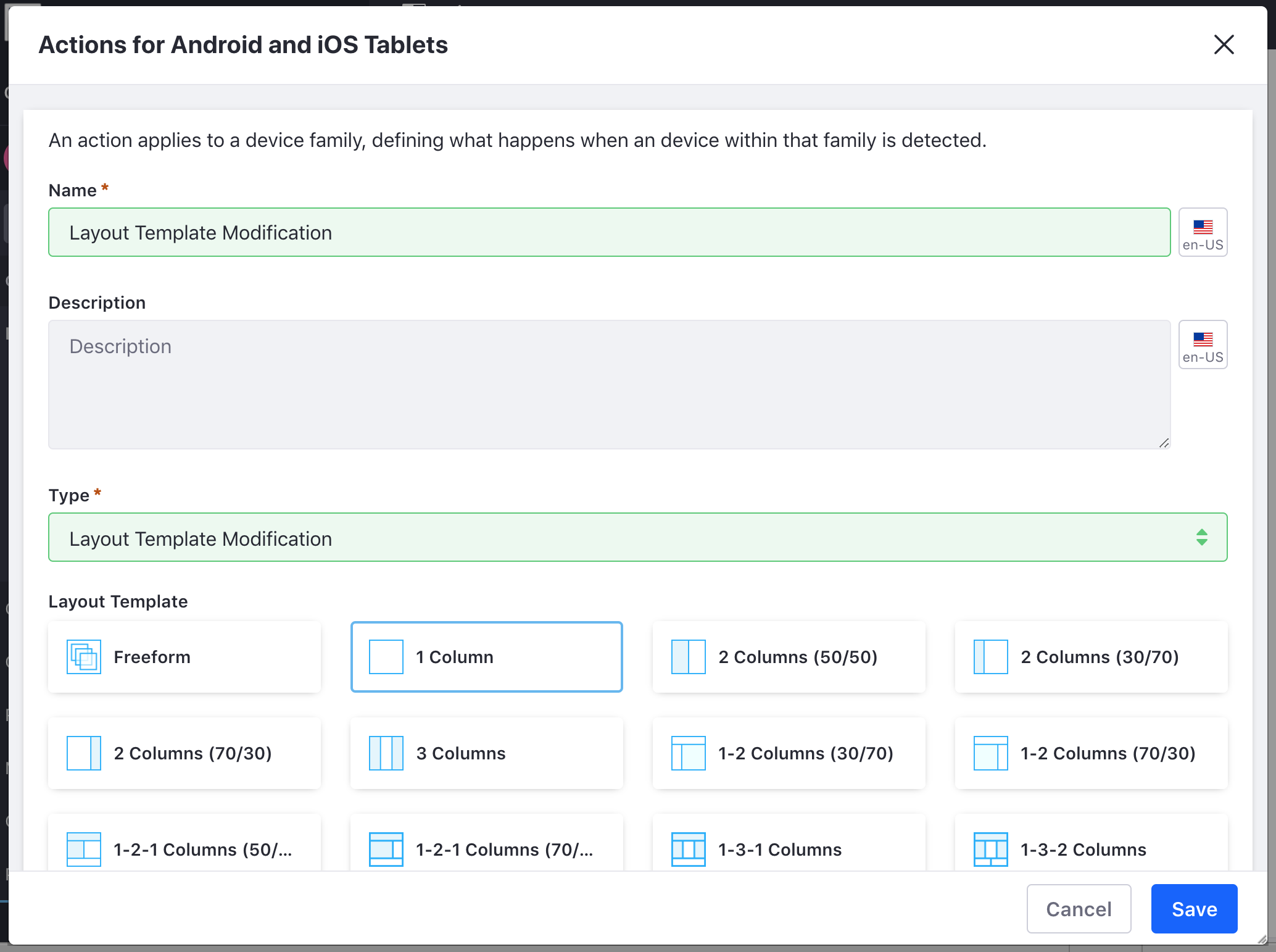 Figure 3: Create the Actions for Android and iOS Tablets.