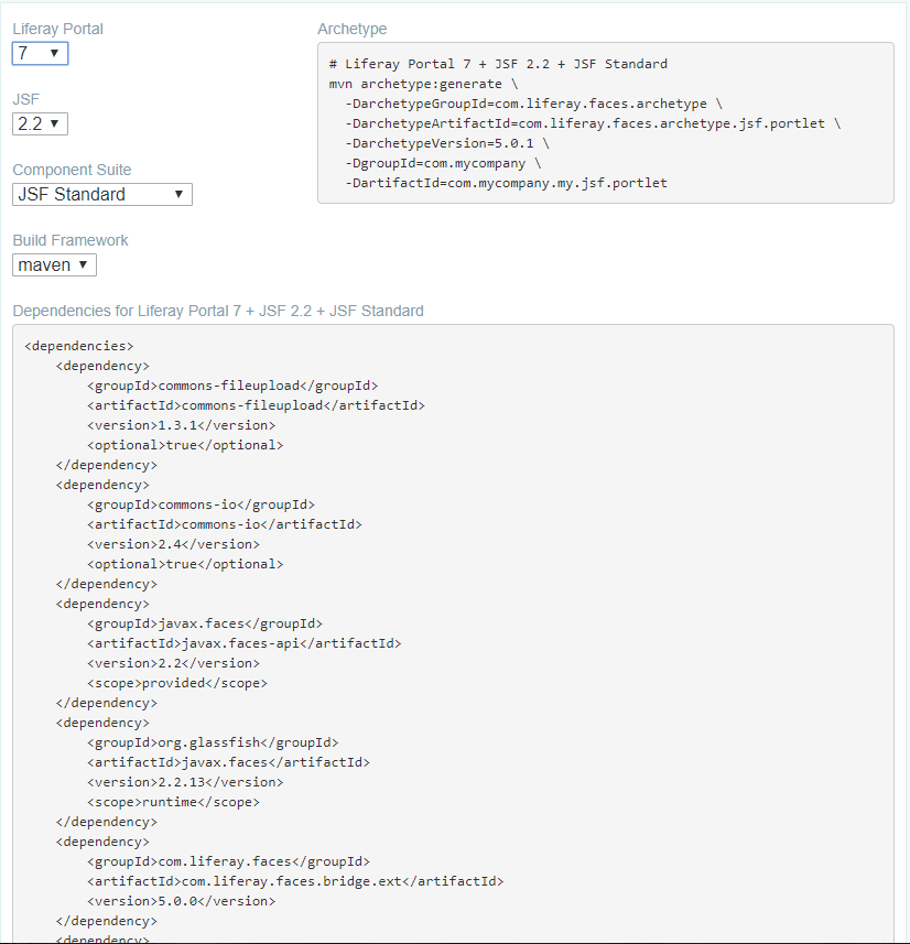 Figure 2: The Liferay Faces site gives you options to generate dependencies for many environments.