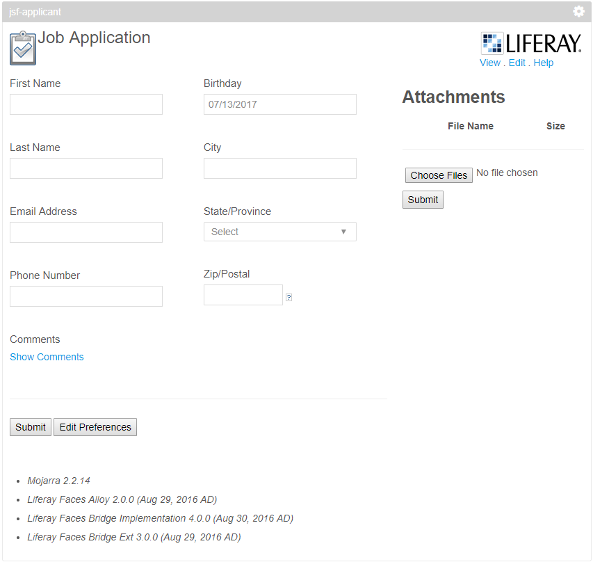 Figure 1: The JSF Applicant portlet provides a job application for users to submit.