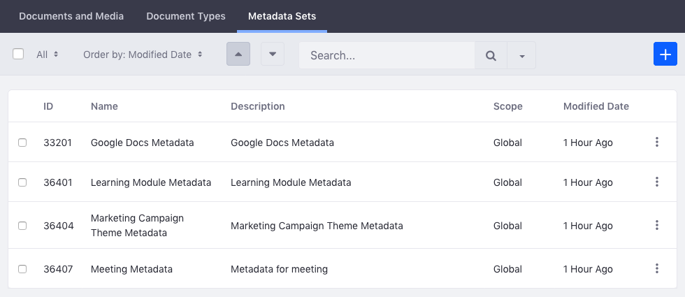 Figure 1: The Metadata Sets management window lets you view existing sets and create new ones for applying to document types.
