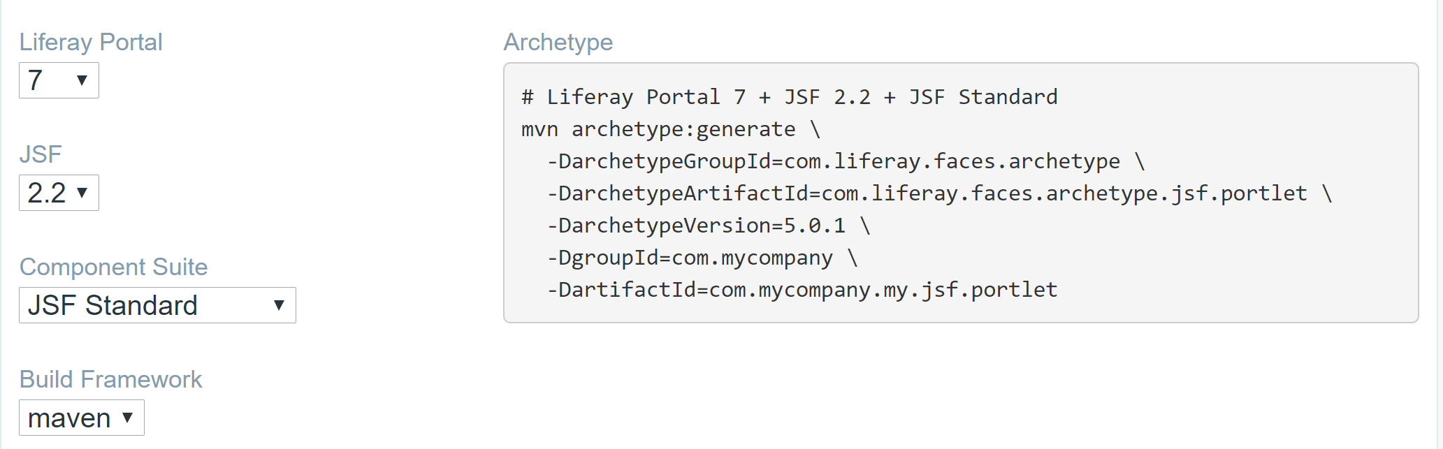 Figure 1: You can select the Liferay Portal version, JSF version, and component suite for your archetype generation command.