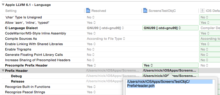 Figure 5: The PrefixHeader.pch configuration in Xcode settings.