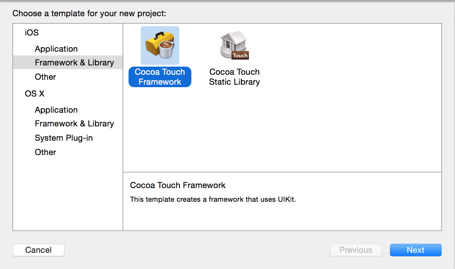 Figure 1: Choose Cocoa Touch Framework when creating a project for your Theme.
