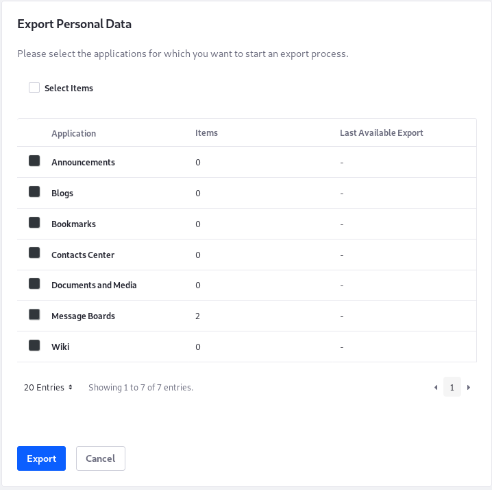 Figure 1: The Export Personal Data tool lets you export all or some of the Users data.