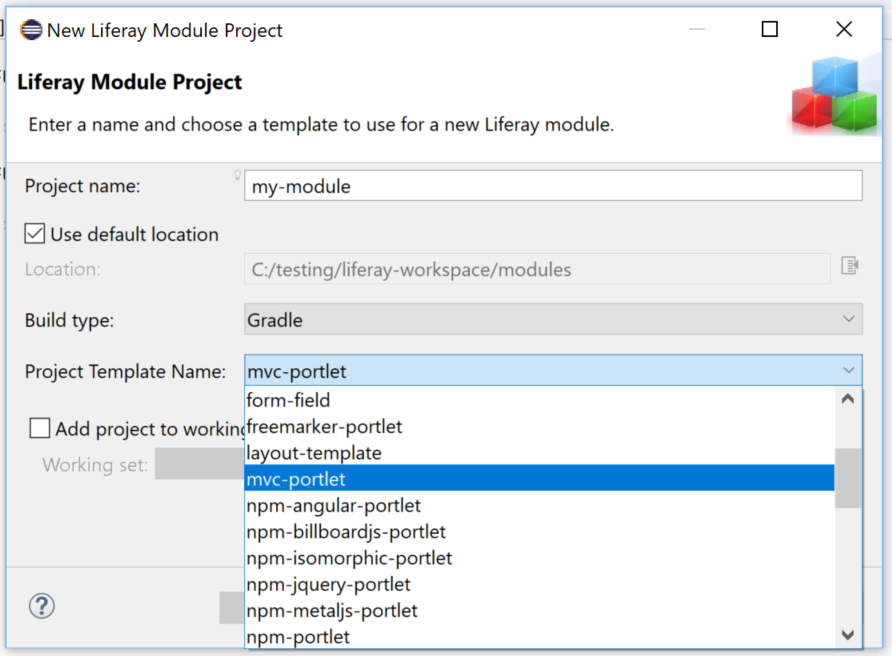 図1：Liferay Dev Studio DXPを使用すると、開発者はテンプレートを選択してモジュールをスタブアウトできます。