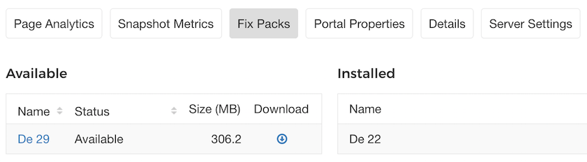 Figure 9: The Fix Packs tab displays your servers available and installed fix packs.