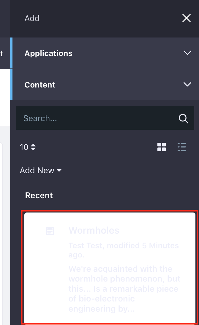 Figure 2: The preview template displays a preview of the asset in the Content section of the Add menu.
