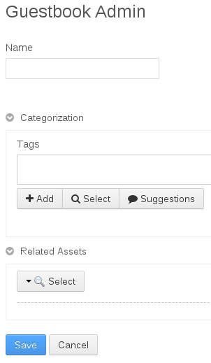 Figure 2: Once youve updated your Guestbook Admin portlets edit_guestbook.jsp page, youll see forms for adding tags and selecting related assets.