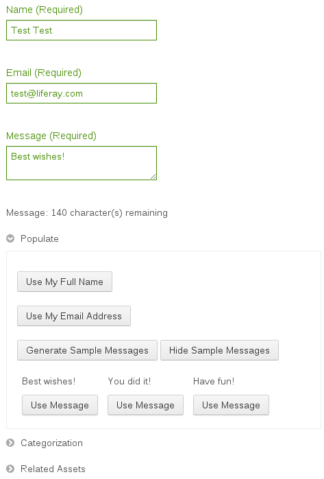 The Add Entry form should look like this after youve clicked on the Generate Sample Messages button and have clicked on Use My Full Name, Use My Email Address, and Use Message.