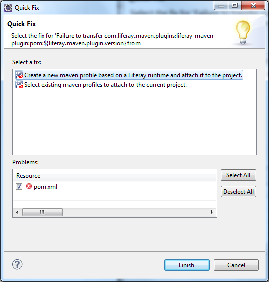 Figure 3: The Quick Fix tool presents you with information about Maven property errors and possible fixes.