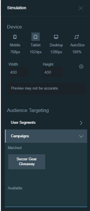 Figure 2: The Audience Targeting app extends the Simulation Menu to help simulate different users and campaign views.
