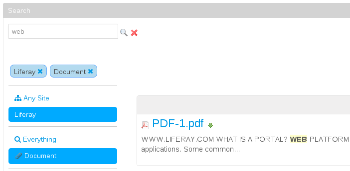 Figure 1: Here, the user has drilled down (filtered the search results) by manually selecting the Liferay site and the Document asset type.