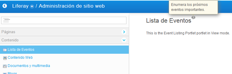 Figure 1: You can localize portlets titles and descriptions in Site Administration to any language, including Spanish.