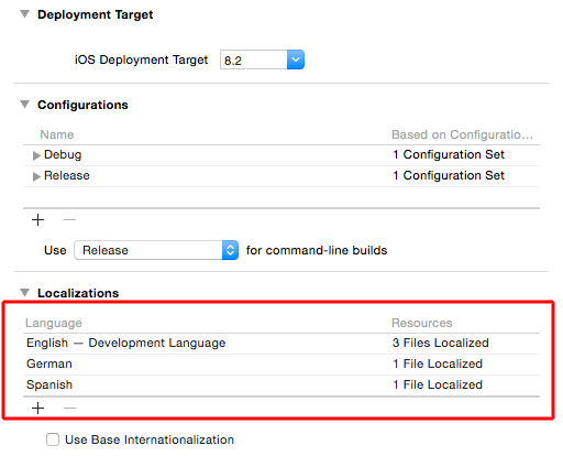 Figure 6: The Xcode localizations in the projects settings.