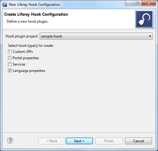 Figure 2: In the Liferay Hook Configuration wizard, you can select the Language properties check box to create a language properties hook.