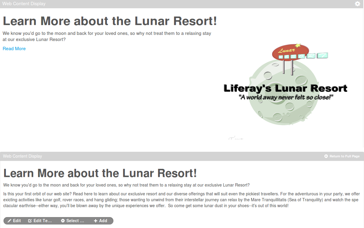 Figure 3.5: The initial and expanded views for the Lunar Resort News Article. After Clicking Read More, youre able to read the full text body.