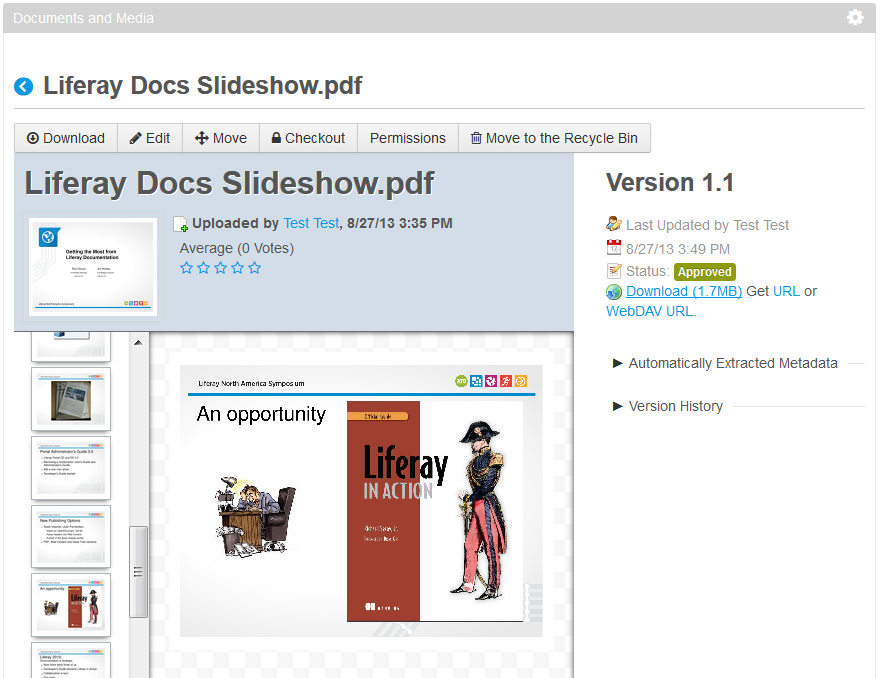 Figure 5.8: You can watch a video clip or even view a slideshow inside Liferays Documents and Media portlet.