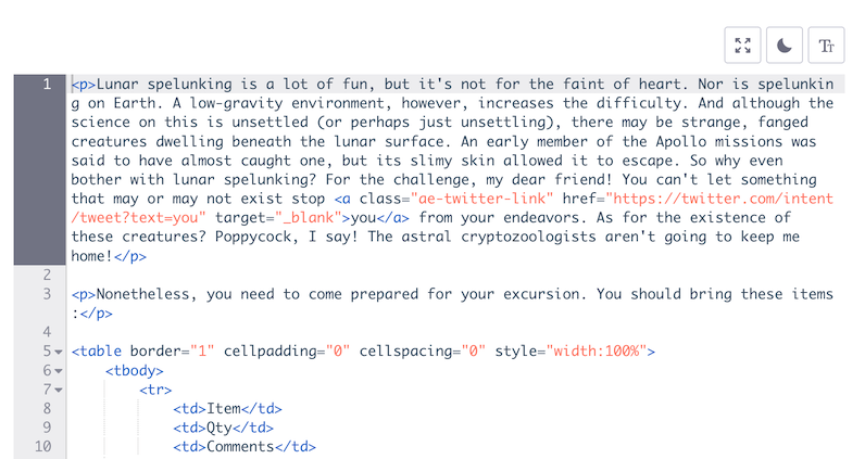 Figure 2: Editing in code view lets you work with your blog entrys underlying HTML.