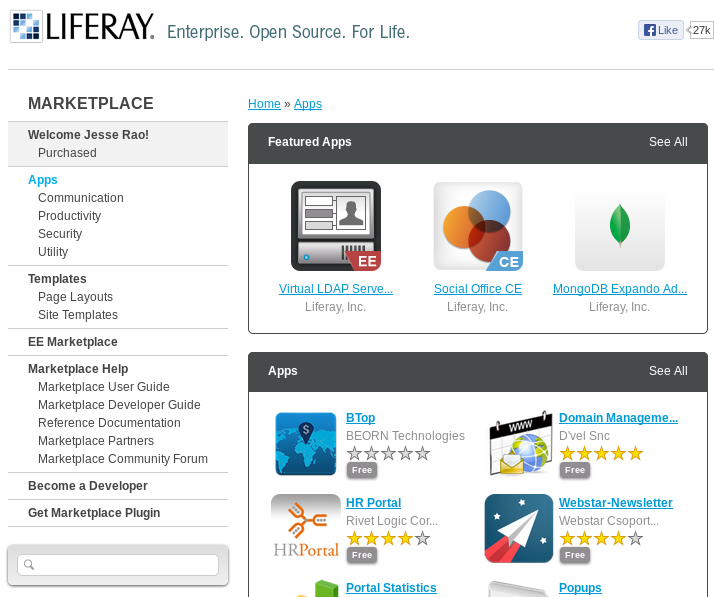 Figure 15.3: Click on the Apps link in the menu on the left side of the Liferay Marketplace homepage and then on the See All link in the Apps portlet to browse all the Marketplace apps at once.