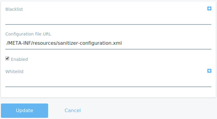 Figure 1: Liferay DXPs AntiSamy configuration options allow you to specify both a blacklist and a whitelist.