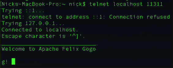 Figure 1: The Gogo shell lets you execute commands, including the Social Office upgrade commands, in the OSGi runtime that runs Liferay DXP 7.0. This screenshot shows the telnet command that enters the shell, and the resulting Gogo shell command prompt.