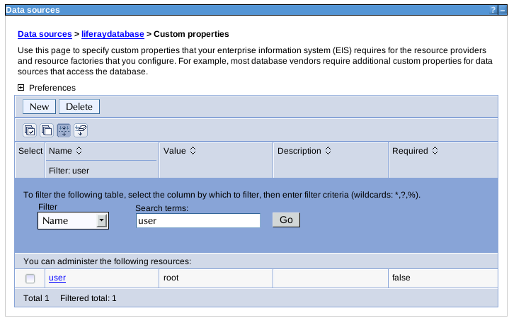 Figure 5: Modifying data source properties in WebSphere