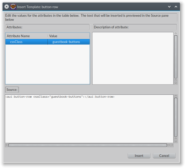 Figure 5: Inserting snippets is easy using the dialog, or you can do it in the code manually.