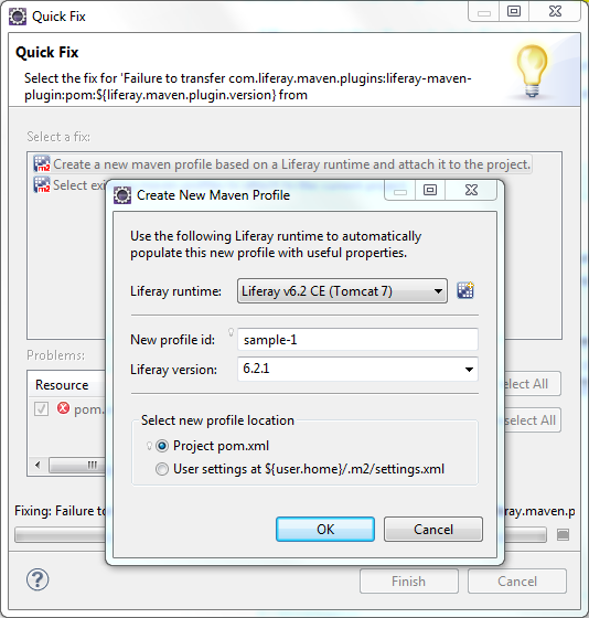 Figure 4: You can create a new Maven profile with the Quick Fix tool.