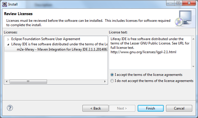 Figure 7: Agree to the licenses and click Finish to complete the installation.