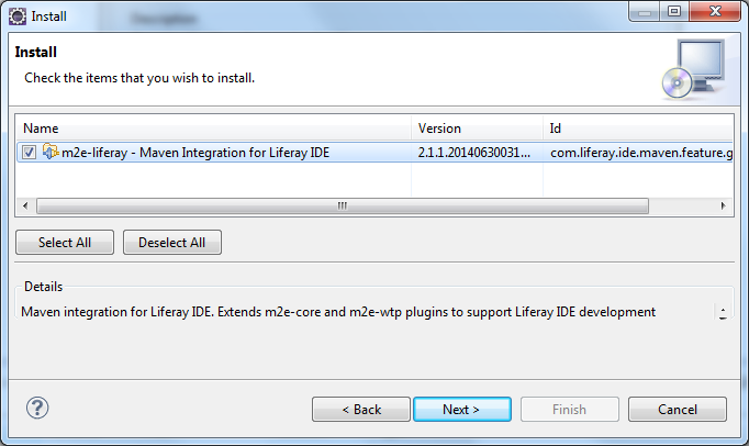 Figure 5: The first step of the installer lets you select the m2e-liferay plugin for installation.
